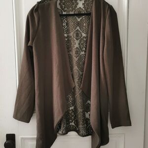 Another Story open olive green cardigan with lace back. Size Medium. EUC